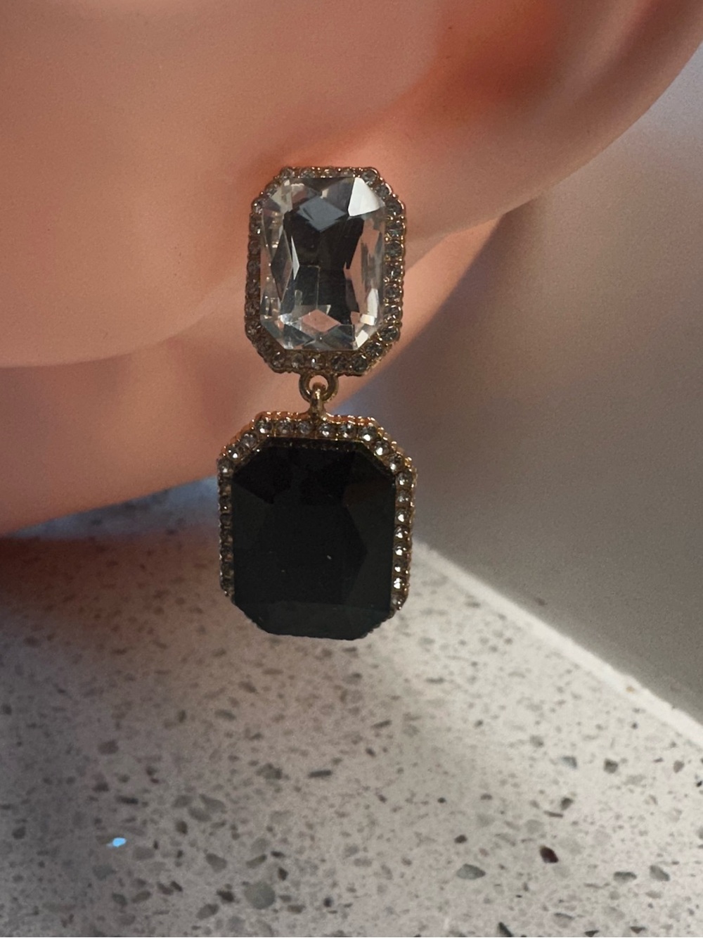 Crystal Drop Earrings with Black Gem Accent - Women Jewelry